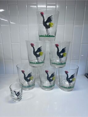 Vintage 1950s Federal Lowball Crowing Black Rooster Glass Set Of 5 & Shot Glass